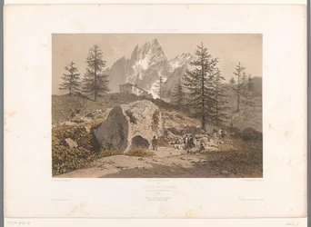 歩行者のいる風景とエギーユ・デ・グラン・シャルモの眺め Aiguille de Charmoz (オブジェクトのタイトル) スイス、サボイ、チロルの景色 (シリーズ タイトル) La Suisse, la Savoie et le Tyrol (オブジェクトのシリーズ タイトル)