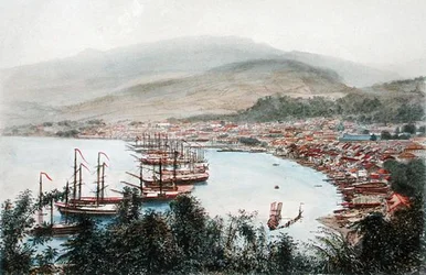 マルティニーク、サント・マルトの砲台から見たサンピエールの眺め（カラーリトグラフ）