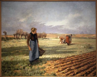 たんぽぽ摘み。 Eugene Damascus (1844-1899) による絵画、キャンバスに油彩。 フランス美術