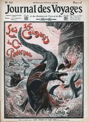 サメに食われるクロコダイル。カミーユ・デバンズ（1834-1910）による「パダルナック船長の14匹のカイマン」というデバンズのイラスト。新聞に掲載されたもの。1907年の "Journal des Voyages "に掲載された図版。