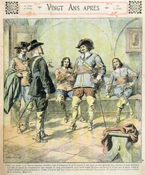 1900年頃の「Journal des Romans Populaires Illustres」に掲載されたAlexandre Dumas pere（1803-70）の連載「Vingt Ans Apres」の表紙（カラーリトグラフ）。