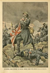 Eugene Damblans (1865-1945)のイラスト（Le Pelerin, 01/01/05） - 旅順の前で日本の旗を引き裂くロシアの伍長 - ロシア, 日本, 旅順, 日露戦争, 戦闘, 小銃 - 兵士, 伍長