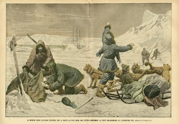 Le Pelerin, 02/04/05に掲載されたEugene Damblans (1865-1945)のイラスト - ロシアのミッションであるKlotchakが北極道で発見した、遠征隊の不幸な損失を確認する手紙 トール - 北極・南極、極地遠征、氷、スレッジ・トライ