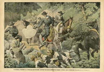 Eugene Damblans (1865-1945) のイラスト（Le Pelerin, 02/07/05） - アメリカ大統領のルーズベルトは、岩山でグリズリーベアを狩ることで権力の心配から気をそらしていた - アメリカ アメリカ, 狩猟 アメリカ, ロッキー山脈 - 犬, 熊。