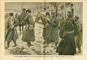 Eugene Damblans (1865-1945)のイラスト（Le Pelerin, 05/03/05） - 中尉の報告を受ける満州のロシア軍司令官クロパトキン将軍 - ロシア, アルメア, 満州, 日露戦争, 雪 - 将軍