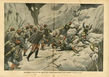 Eugene Damblans (1865-1945) のイラスト（Le Pelerin, 06/03/04） - アルプスのパレ峠で雪崩が発生し、歩兵第157連隊で数名の死者が出た - 様々な事実, 軍隊, 山岳 登山, 歩兵, アルプス, 雪崩 - 兵士