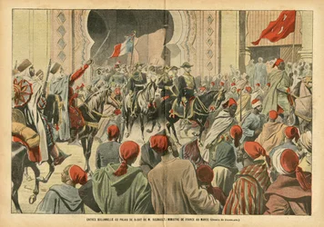 Eugene Damblans (1865-1945)のイラスト（Le Pelerin, 20/10/07） - 在モロッコ・フランス公使レグノー氏によるラバト宮殿への厳粛な入場 - 植民地化 植民地, 建築 Urbanisme, モロッコ, 公式訪問 - Regnault Euge