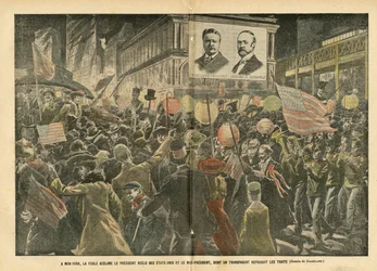 Le Pelerin誌に掲載されたEugene Damblans (1865-1945)のイラスト、2004年11月20日 - ニューヨークでは、再選されたアメリカ大統領と副大統領に群衆が喝采を送っており、その透明なものは特徴を再現している - アメリカ アメリカ, 選挙, 建築 Urbani