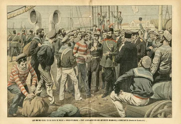 Le Pelerin, 23/07/05のEugene Damblans (1865-1945)のイラスト - Constantzaでルーマニア当局に投降するロシア戦艦Kniaz-Potemkinの反乱軍水兵 - ロシア、海上海辺、ルーマニア、1905年の革命。