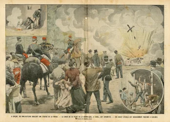 Le Pelerin, 25/09/04に掲載されたEugene Damblans (1865-1945)のイラスト - Gracayでは犯罪者が処女像を燃やしている - Place de la Republiqueの地殻はダイナミティされている - Caulnesでは学校のキリストが悪趣味に冒涜されている - Anticlericalism, Religion Fait