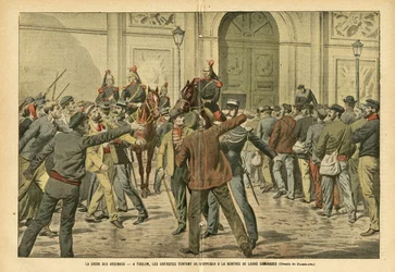 Eugene Damblans (1865-1945)のイラスト（Le Pelerin, 26/11/05） - The strike of arsenals トゥーロンでは、グレヴィストたちが同志の家賃に反対しようとしている - Social, Greve, Architecture Urbanism, Maritime Marine Nautical Balneaire, Toulon, Arsenal ar
