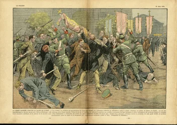 Eugene Damblans (1865-1945)のイラスト（Le Pelerin, 27/06/37） - ヒトラードイツのキリストの十字架に対するガンミの十字架 - ドイツ プロイセン, 宗教 信仰, 群衆, 戦い, 正しい, ガンミの十字架, キリストの十字架, カトリック カトリシズム - 売約済み