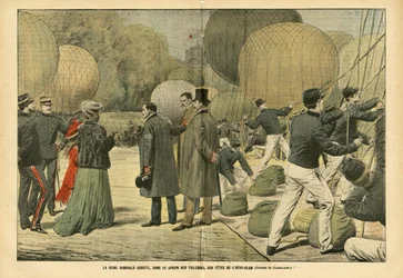 Eugene Damblans (1865-1945) のイラスト、Le Pelerin, 29/10/05 - ラナバロ王妃、チュイルリー庭園での航空クラブのパーティに出席 - 気球 飛行船 ゼッペリン エアロステーション, パリ, マダガスカル, 公共の庭園, 外国の主権者, チュイルリー - ラナバロ