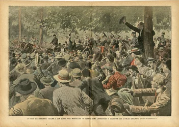 ル・ペルラン誌、30/06/07掲載のウジェーヌ・ダンブラン（1865-1945）による挿絵 - ナルボネ地方の群衆がモンペリエのフェルール氏を歓呼する。彼の逮捕は流血の日々を引き起こした - 社会、ワイン、ワイン危機、ブドウ栽培者の反乱、ナルボンヌ - エルネスト・フェルール（1853-1921）