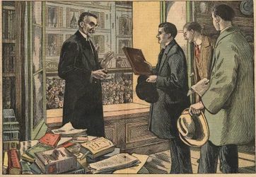 ヘンリー・ベルテルミー学部長（1857-1943）に挨拶する法学部の学生たち。ダンブランスのイラスト。4月10日付「ル・ペレラン」紙にて