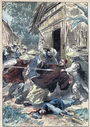 外国人宣教会の司祭であるフランス人のベルソレ（1865-1898）は、1898年4月21日、ユンガンチュー（Yun-Ngan-Cheou）という町の近くで、中国の国防軍に暗殺された。7月10日付「ル・ペレラン」に掲載されたダンブランのイラスト