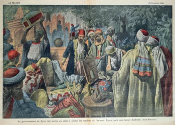ダマスカスでのエミールファイサル（1883-1923）の商品のシリア政府による販売、1920年11月20日の「Le Pelerin」誌のイラスト