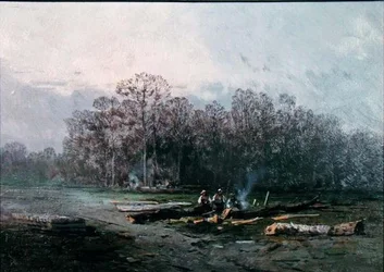 木版画のある霧の風景（油彩・キャンバス）