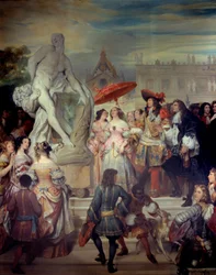 ピエール・ピュジェ（1620-1694）がヴェルサイユ城の庭園でルイ14世（1638-1715）にクロトーネのミロン像を贈呈。ウジェーヌ・デヴェリア（1808-1865）による絵画