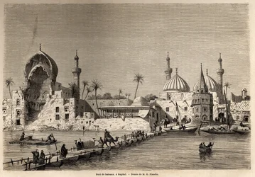 ウジェーヌ・フランダン（1809～1876）が1840～1842年にメソポタミアを訪れた際に描いたバグダッドの船橋。1861年「Le tour du monde」に掲載された版画。セルバのコレクション。