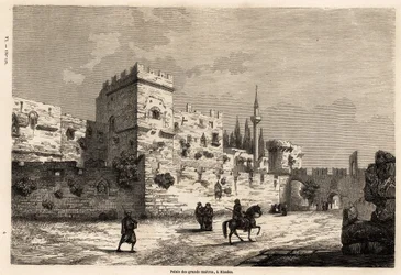 ロードス島の巨匠の宮殿、ウジェーヌ・フランダンが1844年のロードス島への旅を説明するために描いたもの。エドゥアール・シャルトン編集の「世界旅行」に掲載されている図版