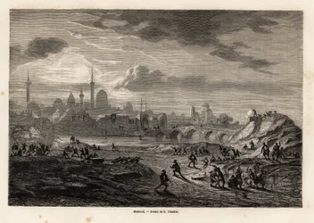ヴィヴィアン・ドゥ・サン・マルタンが1844年から1860年にかけて行ったニネヴェへの遠征を説明するためにユージン・フランダンが描いた、タイガー川沿いのモスル（イラク）の風景。エドゥアール・シャルトン編集の「世界旅行」に掲載された図版