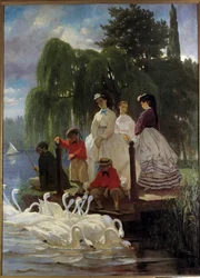 Le repas des swans ウジェーヌ・ジロー（1806-1881）の絵画 1865年 パリ、装飾美術 - 白鳥、または白鳥の餌付け。Eugene Giraud (1806-1881) 1865年の絵画。パリ装飾美術博物館（Arts Decoratifs Museum, Paris