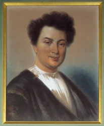 Alexandre Dumas Pere (1802-1870) の肖像 Eugene Giraud (1806-1881) のパステル画 1830年。ヴィレール・コトレ、アレクサンドル・デュマ美術館（Musee Alexandre Dumas