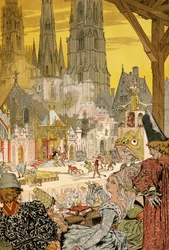 Depiction of mystery in churchyard of cathedral, illustration for Notre-Dame de Paris by Victor Hugo (1802-1885)   1462482   ja       japanese Successfully Translated  Original: Comforts of Bath: Gouty Persons Fall on Steep HIll Translat: Comforts of Bath: