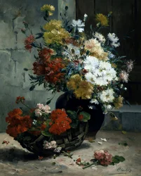 夏の花（ゼラニウムとヒナギク）の静物画。ウジェーヌ・アンリ・コショワ（1850-1911）個人蔵。