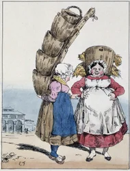 ラ・ハレ：二人の女性が話しながら籠をかぶっている-ウジェーヌ・フォレストの「Souvenirs d