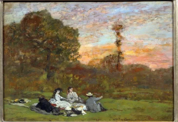 芝生の上の朝食」 ウジェーヌ・ルイ・ブダン（1824-1898）の絵画 1866年 日。0.17x0.25 m パリ、オルセー美術館