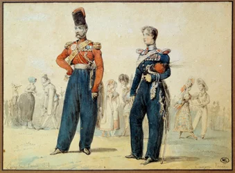 ボールスーツ：軍服を着た二人の男性。ユージン・ルイ・ラミ（1800-1890）によるドローイング 19世紀 パリ、ルーヴル美術館