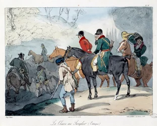イノシシ狩り。書籍「La vie de chateau」の挿絵。ウジェーヌ・ルイ・ラミ（1800-1890）のエングレーヴィング