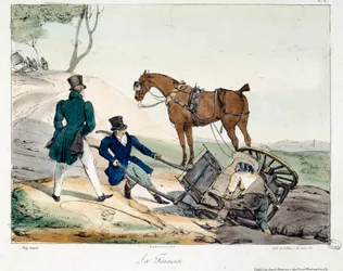 レールが原因のカート事故。書籍「La vie de chateau」の挿絵。ユージン・ルイ・ラミ（1800-1890）のエングレーヴィング
