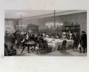 パリのテーブル・ドート「ホテル・デ・プランス」でのディナー。ウジェーヌ・ルイ・ラミ（1800-1890）によるエングレーヴィング 1843年 個人蔵