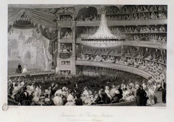 パリのイタリア人劇場での公演中の俳優へのオベーション。ウジェーヌ・ルイ・ラミ（1800-1890）によるエングレーヴィング 1843年 個人蔵