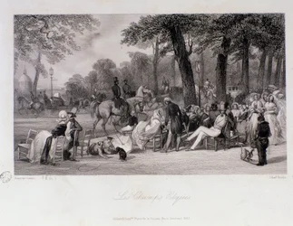 パリのシャンゼリゼ通り(Champs-Elysees)を歩く乗客と歩行者。ユージン・ルイ・ラミ（1800-1890）によるエングレーヴィング 1841年 個人蔵