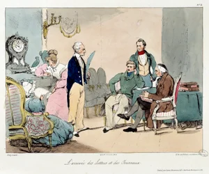 手紙や新聞の到着。書籍「La vie de chateau」の挿絵。ウジェーヌ・ルイ・ラミ（1800-1890）のエングレーヴィング