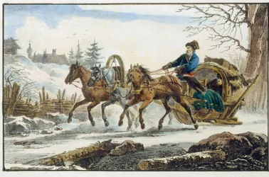旅行者のための避難所を備えた馬そり。 （トロイカキビトカ）。 Eugene Pluchard (1809-1880) の作品、リトグラフと水彩