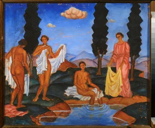 入浴者 - Eugeniusz Zak (1884-1926) の作品、段ボールにテンペラ