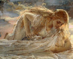 十字架から降ろされたキリストの足にキスをするマグダラの女（「Christ and Mary Magdalene」より）。