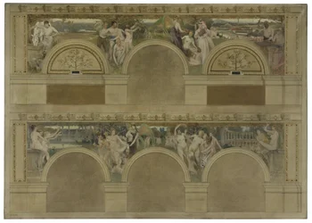 パリ市立美術館の入門サロンのスケッチ：労働。Les Réjouissances.ラ・シャリテ、1892年（墨、油彩、キャンバス）