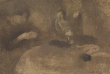 テーブルで縫う女性、ca。 1894-96。