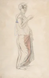 モロッコの衣装で立っている女性、カリフォルニア州。 1834年。