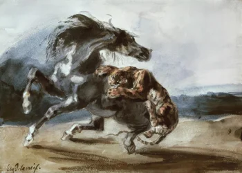 野生の馬を攻撃するトラ