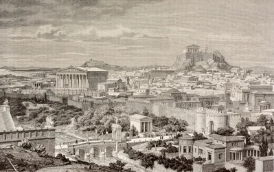 1880年にバルセロナで出版された「エルムンドイストラド」からのハドリアヌス帝の時代のアーティストのアテネの印象