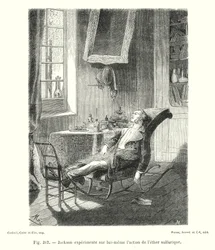 ジャクソンが硫黄エーテルの作用を自分で実験（彫刻