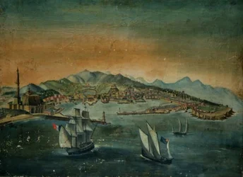 岬の上に灯台のある港の風景、1800年頃