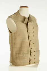 上質なゴールド、クリーム、オレンジのストライプが入ったシルクの織りのチョッキ、c.1780-90（シルク）